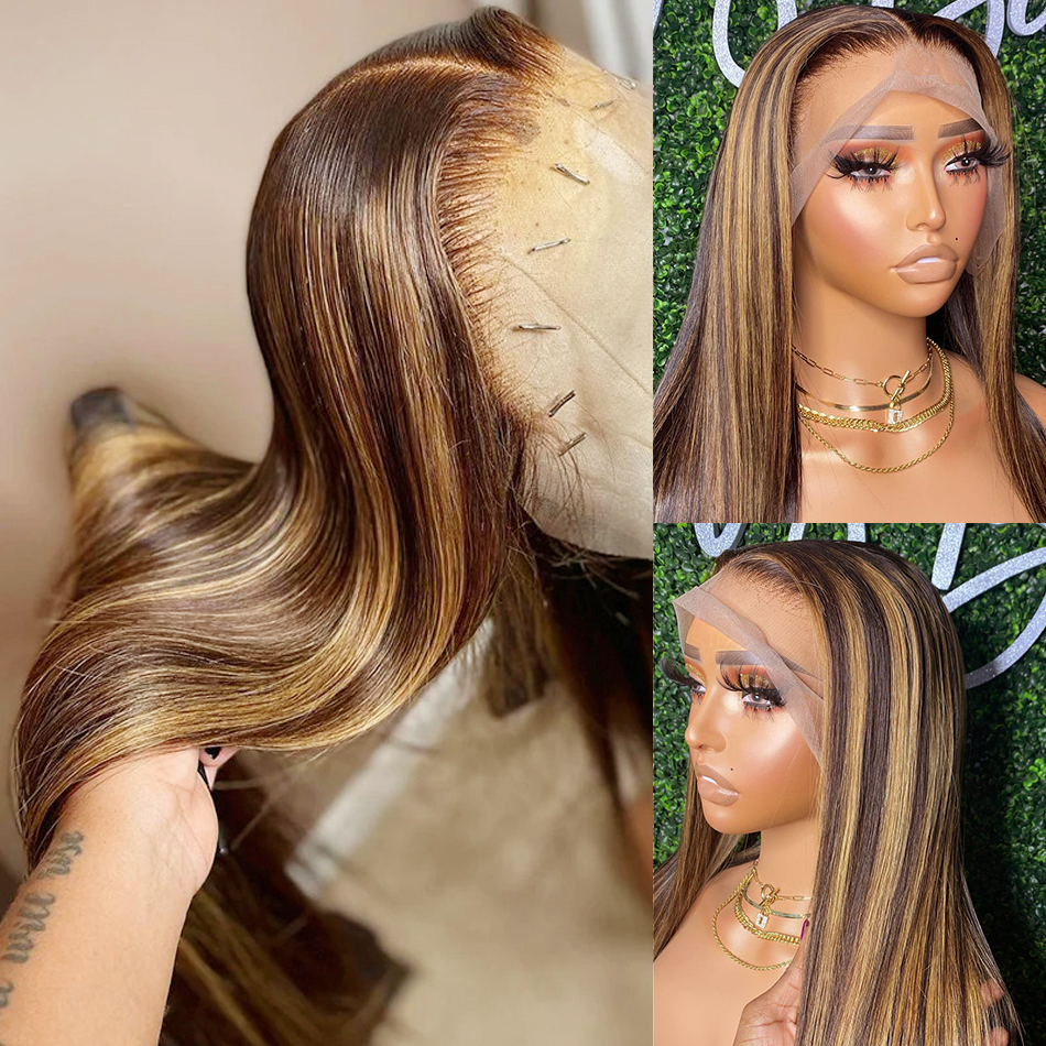 Brazilian Highlight Brown Straight Front Human Hair For Women Lace Closure Wig Pre Plucked Honey Blonde Colored Cheap Wigs