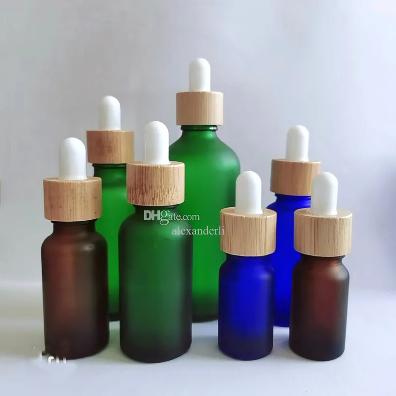 wholesale Frosted Glass Dropper Bottle Amber White Black Blue Green With Bamboo Cap 1oz Essential Oil Bottle 5ml 10ml 20ml 30ml 50ml LL