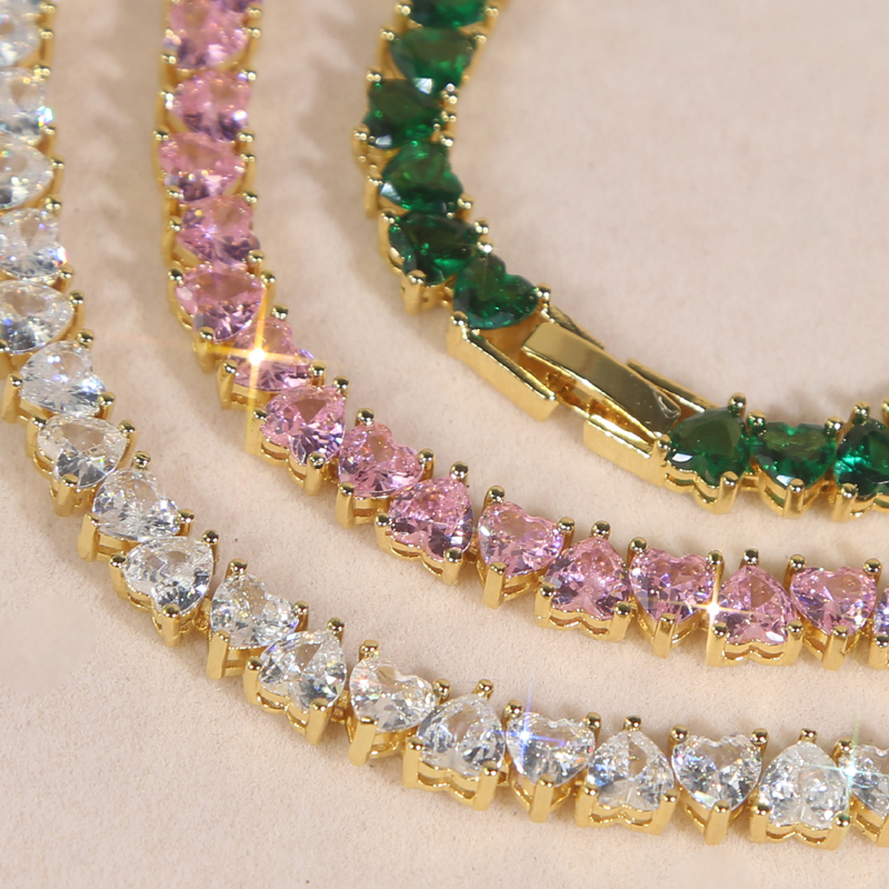 Gold Plated Tennis Chain Heart Bangle Bracelet for Women - Cubic Zirconia, Pink Green White, Party Gift, South American Style