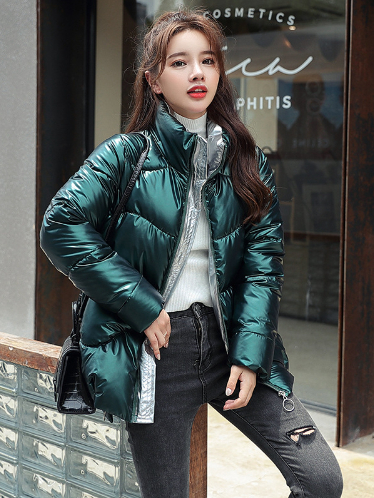 Women's Down Parkas Light-reflecting Jacket Women Winter Warm Bread Parka Short Padded Casual Thick Stand-callor Oversized Cotton Coat Femme Park