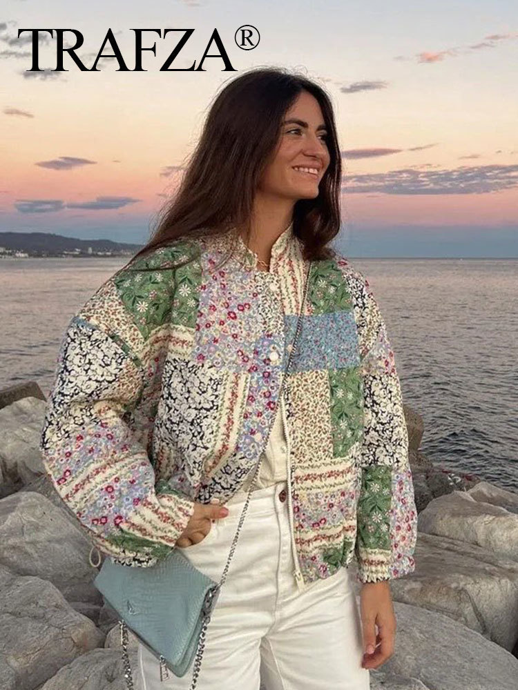 Women's Jackets TRAFZA Women Fashion Flower Quilted Jacket Loose Casual Button Long Sleeve Cotton Coat Autumn Female Elegant Floral Outerwear 230