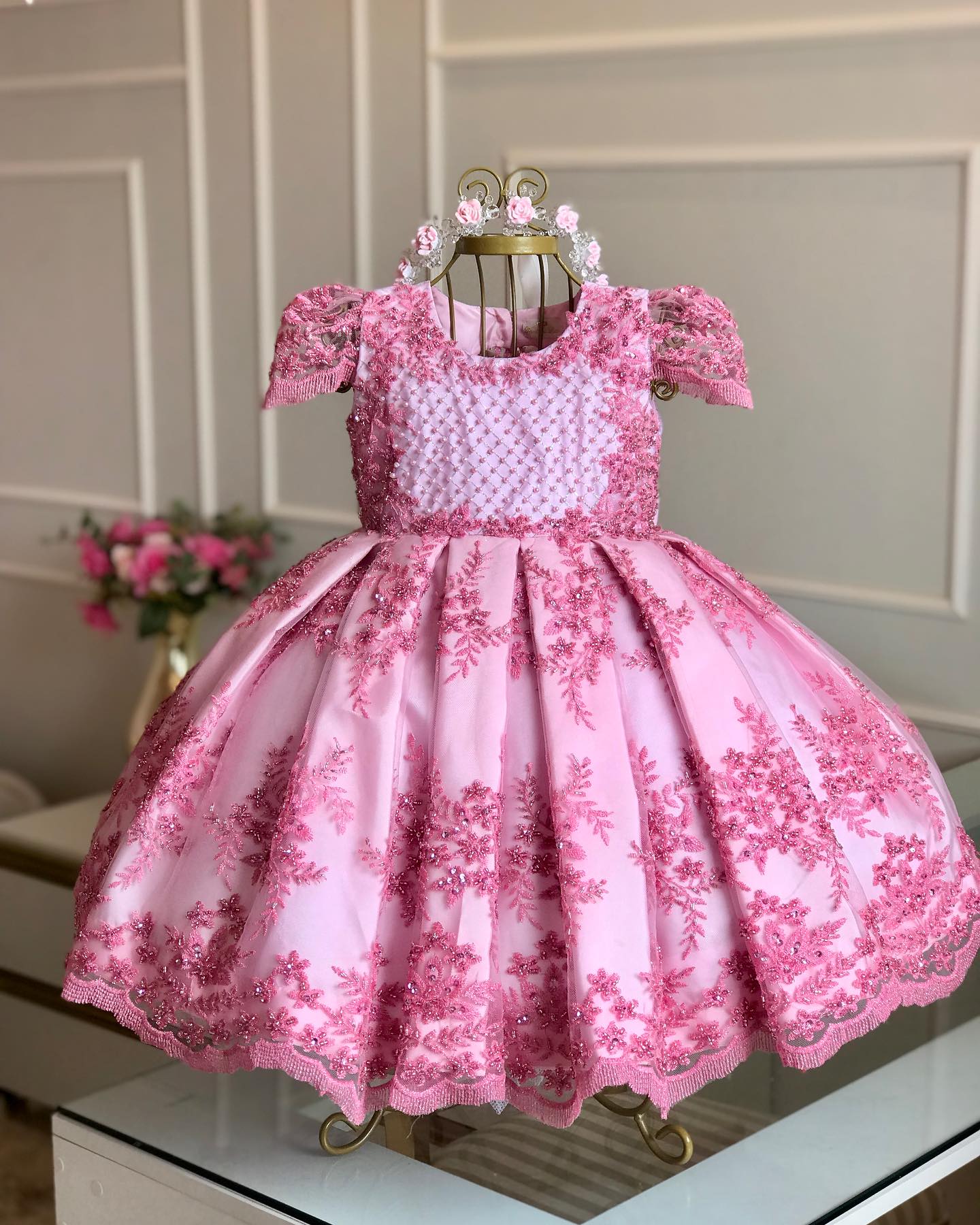 Beaded Backless Flower Girl Dresses For Wedding With Big Bow Lace Appliqued Toddler Pageant Gowns Tulle Floor Length Ball Gown Kids Birthday Dress 415