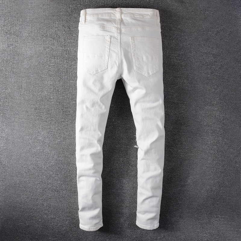 Mens Jeans Sokotoo White Crystal Holes Ripped Fashion Slim Skinny Rhinestone Stretch Denim Pants 230920