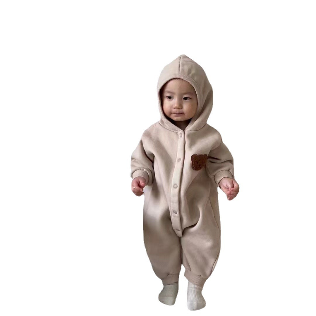 Rompers Winter Baby Long Sleeve Hooded Romper Boy Girl born Plus Velvet Thick Jumpsuit Infant Fleece Warm Clothes 024M 230919