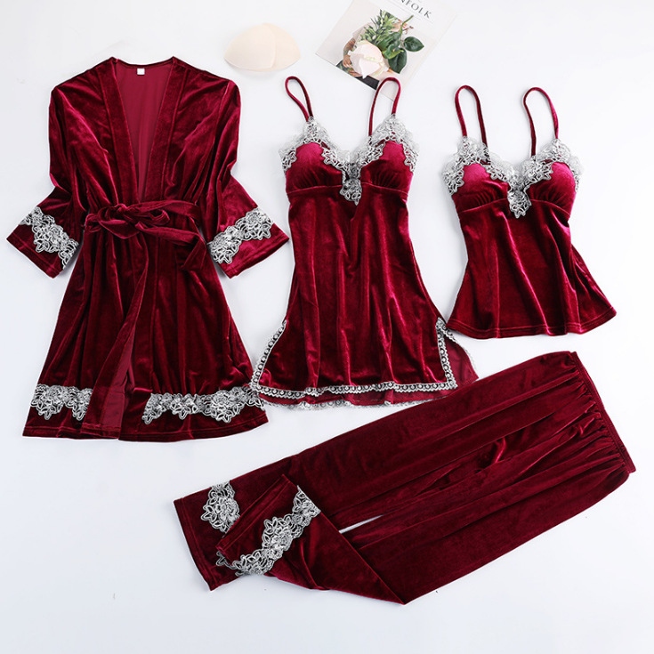Floral Trim Sexy Women Velvet 3PCS Sleepwear Autumn Winter Warm Pajama Pyjama Set Solid Colar Nightwear Soft Home Wear M-XL