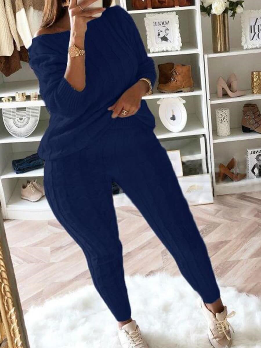 Plus size Dresses LW Size Dropped Shoulder Knit Pants Set Women's Long Sleeve Knitted Casual Twopiece Sweater Top Thick Sweaters 230919