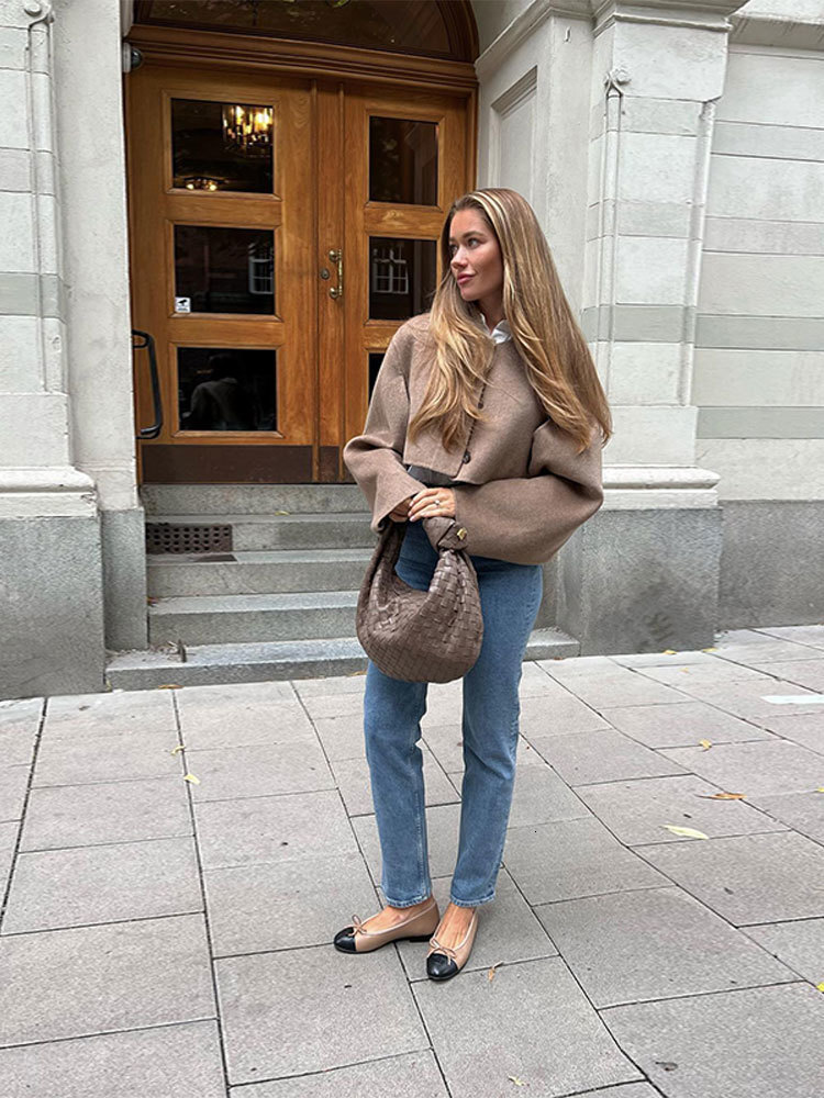 Women's Jacket's Brown Oneck Autumn Coat Casual Loose Long Sleeve Single Breasted Coats Ladies Winter Fashion Elegant Short Jackets 230919