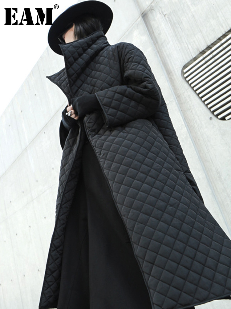 Women's Down Parkas EAM Black Big Size Long Cotton-padded Coat Long Sleeve Loose Fit Women Parkas Fashion Spring Autumn 19A-a319 230919