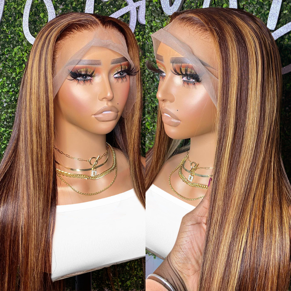 Brazilian Highlight Brown Straight Front Human Hair For Women Lace Closure Wig Pre Plucked Honey Blonde Colored Cheap Wigs
