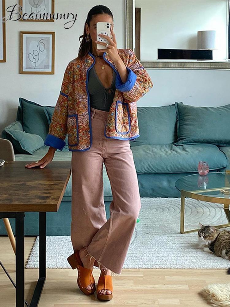 Women's Down Parkas Ptint Long Sleeve Cotton Coat Stand Collar Pockets Patchwork Open Female Coats Fashion Orange Elegnt Loose Lady Clothes 23091