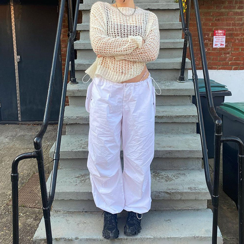 Women's Pants Capris Women Y2K Cargo Pants Solid Low Waist Sweatpants Drawstring Wide Leg Baggy Trousers Summer Streetwear Punk Casual Tech Pant 