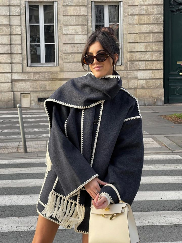Women's Jackets Woolen Jacket Women Autumn Patchwork Tassel Scarf Single Breasted Pocket Coats Casual Fashion Long Sleeve Loose Top Streetwear 23
