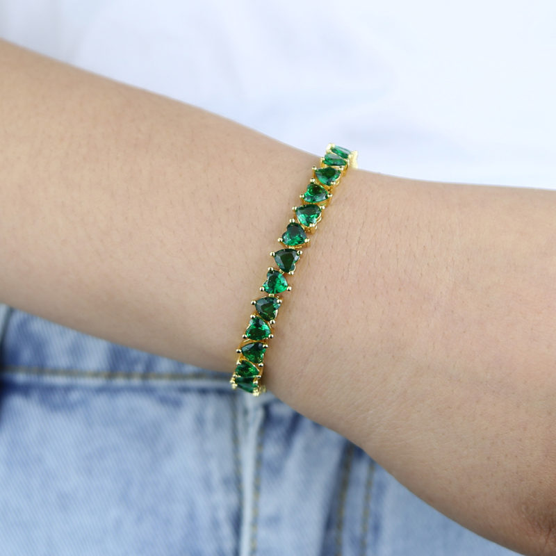 Gold Plated Tennis Chain Heart Bangle Bracelet for Women - Cubic Zirconia, Pink Green White, Party Gift, South American Style