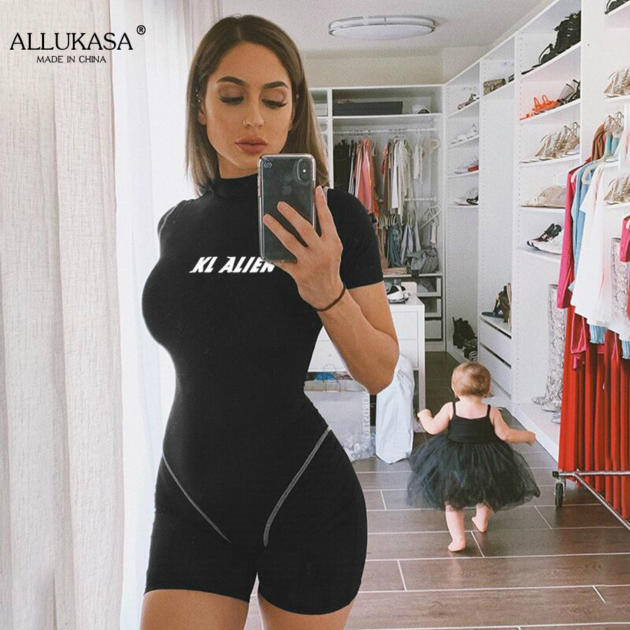 Women's Jumpsuits Rompers women skinny bodysuit short sleeve playsuit Reflective letter print rompers female turtleneck fashion casual bodysuit 2