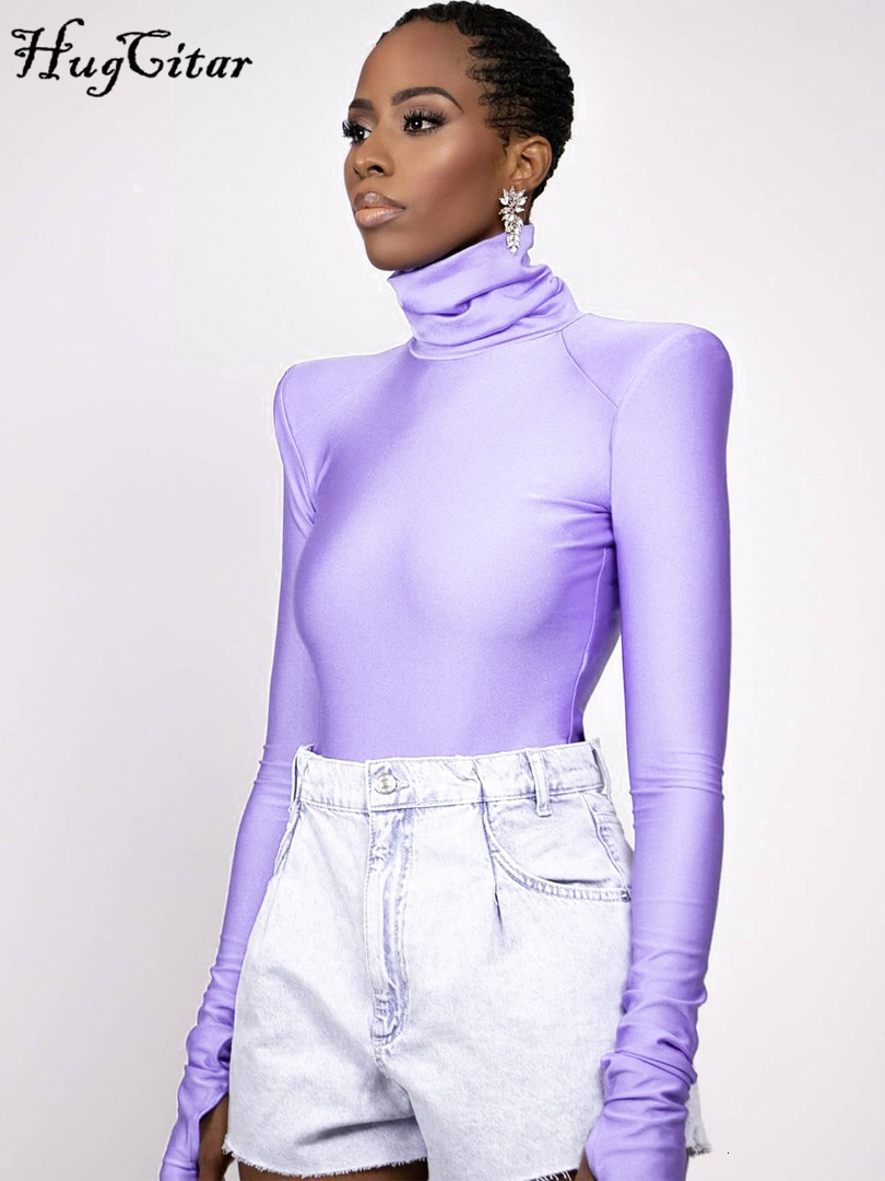 Women's Jumpsuits Rompers Hugcitar Solid Satin Long Sleeves With Shoulder Pads Turtleneck Slim Bodycon Sexy Bodysuit Fall Winter Women Party Y2K 