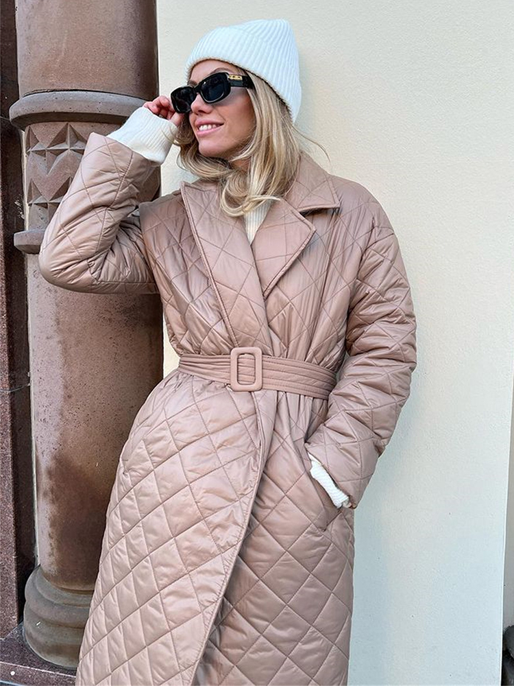 Women's Down Parkas Cryptographic Fall Winter Long Sleeve Parkas Quilted Coats and Jackets for Women Warm Belt Trench Coat Warm Down Jackets Clot