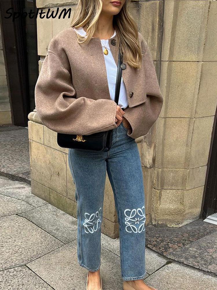 Women's Jacket's Brown Oneck Autumn Coat Casual Loose Long Sleeve Single Breasted Coats Ladies Winter Fashion Elegant Short Jackets 230919