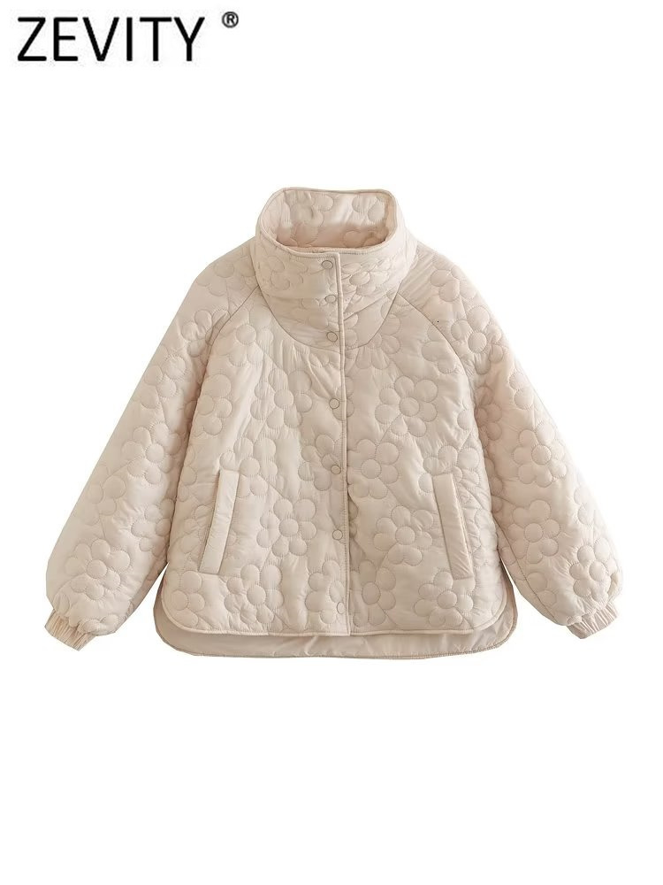 Women's Down Parkas ZEVITY Women Fashion Stand Collar Flower Pattern Cotton Padded Jacket Coat Female Pockets Outerwear Chic Button Tops CT2761 2