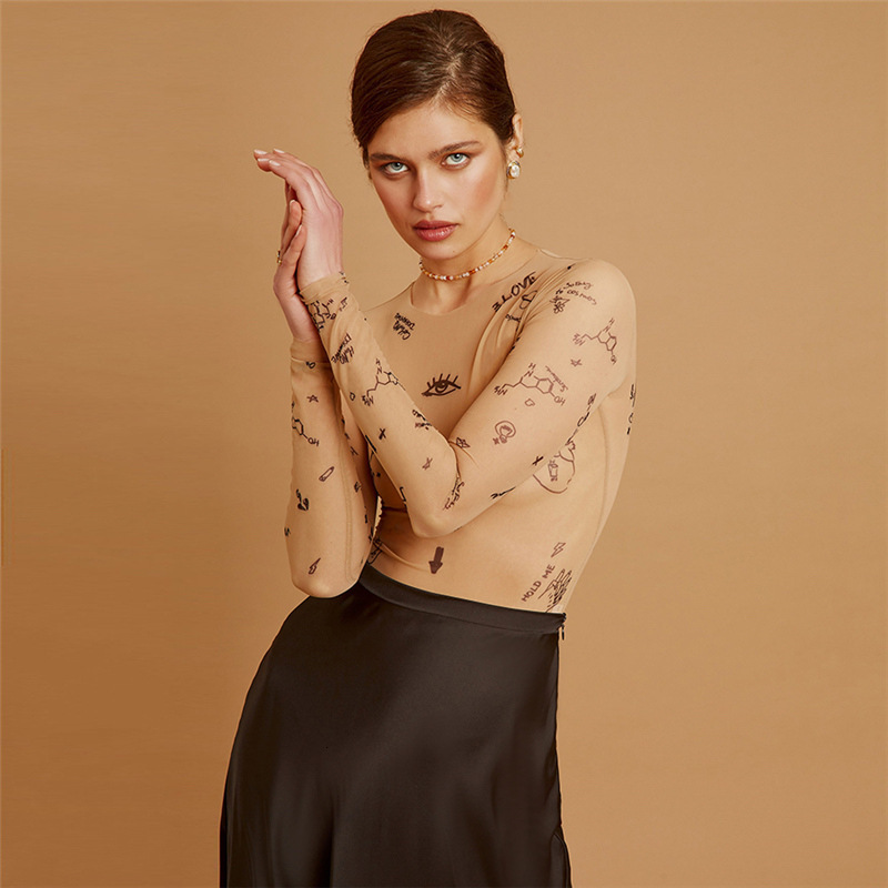 Women's Jumpsuits Rompers Sexy tight-fitting Top Women Long-Sleeved Bodysuits O-Neck Basic Party Wear Print Summer Wild Slim Bodysuits 230919