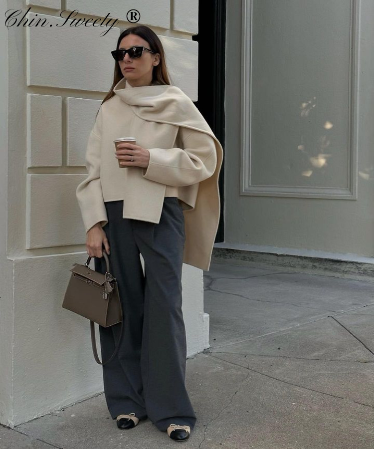 Women's Jackets Autumn Scarf Short Beige Coat Women Patchwork Long Sleeve Loose Female Cardigan Elegant Double Sided Chic Streetwear 230919
