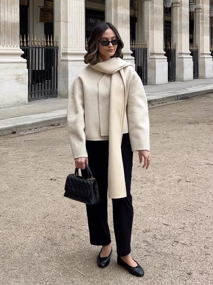 Women's Jackets Autumn Scarf Short Beige Coat Women Patchwork Long Sleeve Loose Female Cardigan Elegant Double Sided Chic Streetwear 230919