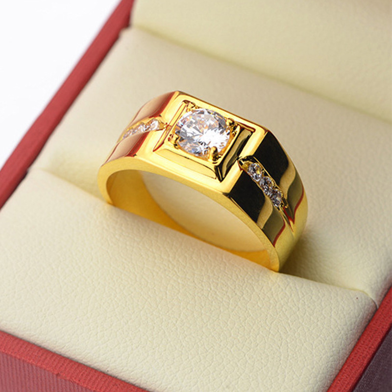 Cubic Zirconia Solitaire Ring - 24KT Gold Color Band AAA CZ Stone Engagement Wedding Ring for Men Lightweight for Daily Use R250808