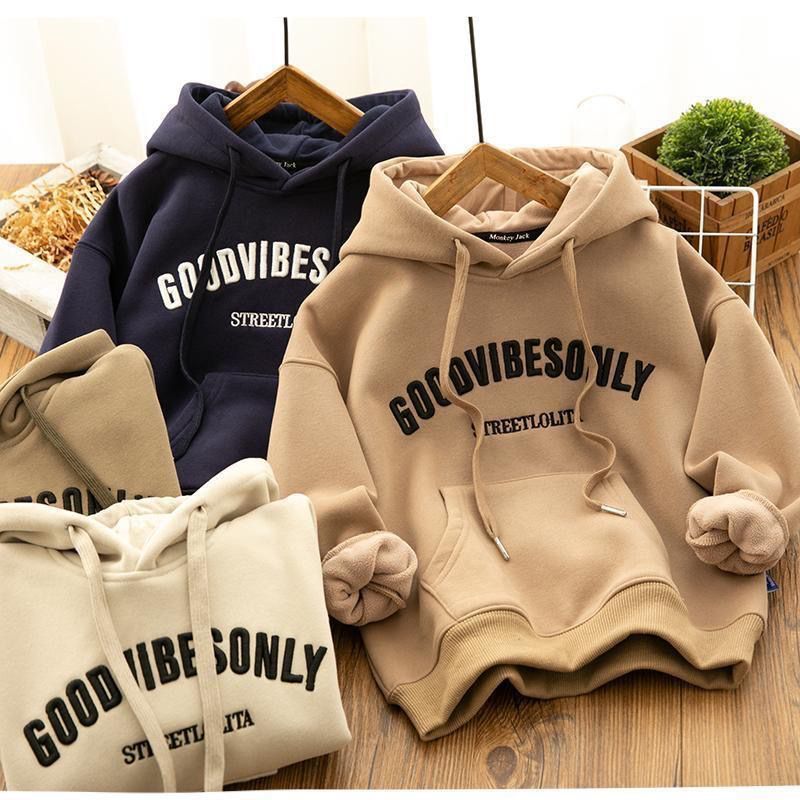 Hoodies Sweatshirts Childrens Clothing Boys and Girls Velvet Padded Thickened Sweater Medium Big Children Hooded Top 230919