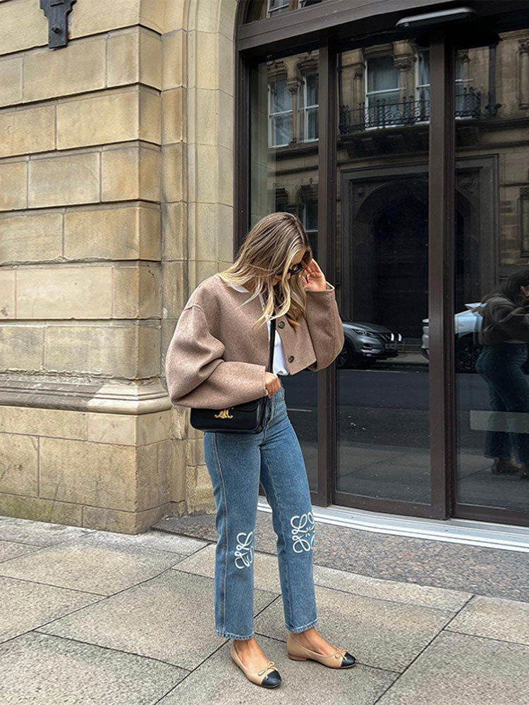 Women's Jacket's Brown Oneck Autumn Coat Casual Loose Long Sleeve Single Breasted Coats Ladies Winter Fashion Elegant Short Jackets 230919