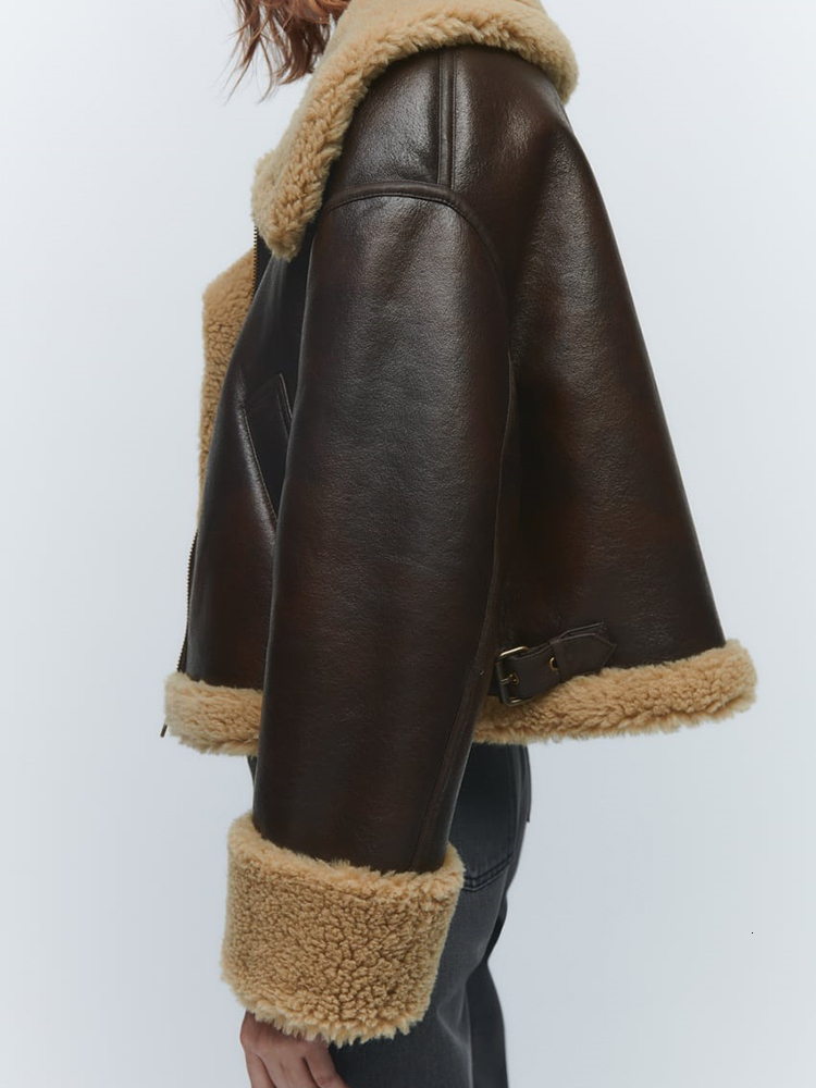 Women's Down Parkas Streetwear Loose Moto Biker Winter Shearling Sheepskin Leather Jackets Thicken Parka Faux Leather Lamb Fur Outwear 230919