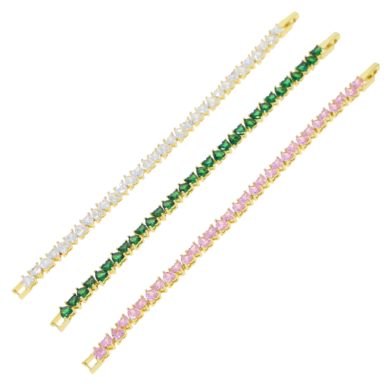 Gold Plated Tennis Chain Heart Bangle Bracelet for Women - Cubic Zirconia, Pink Green White, Party Gift, South American Style