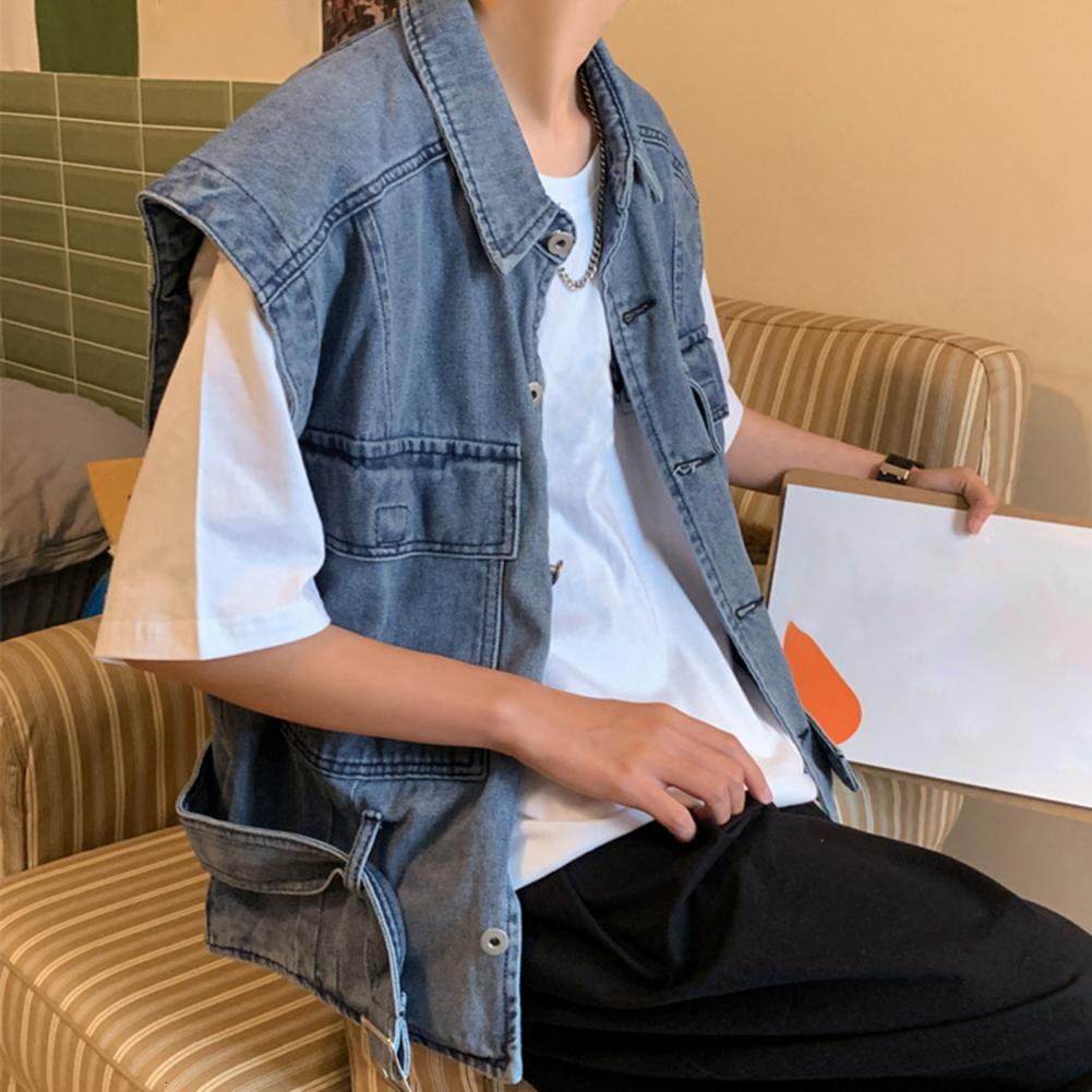 Men's Vests Men Vest Coat Loose Super Soft Streetwear Lapel Single Breasted Cargo Denim Waistcoat for Party 230919