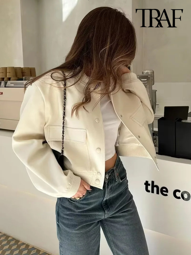 Women's Jackets TRAF Women Fashion With Pockets Bomber Jacket Coats Vintage Long Sleeve Front Button Casual Female Outerwear Chic Tops 230919