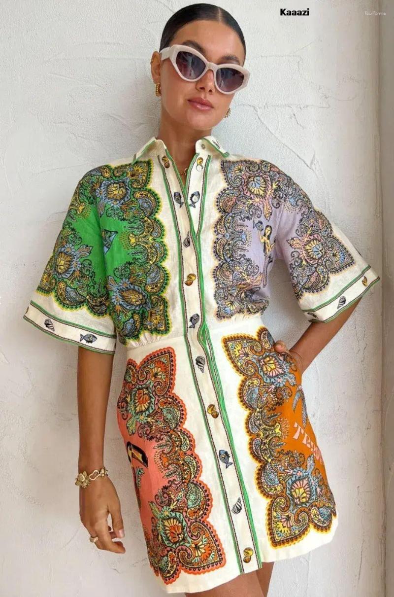 Casual Dresses KAAAZI Women Print Mini Dress Turn-down Collar Short Sleeve Button Holiday 2023 Summer Shirt Vintage Fashion Chic