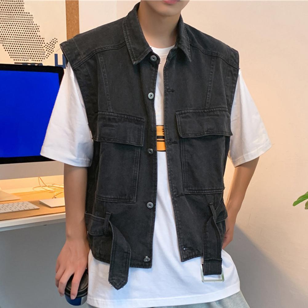 Men's Vests Men Vest Coat Loose Super Soft Streetwear Lapel Single Breasted Cargo Denim Waistcoat for Party 230919