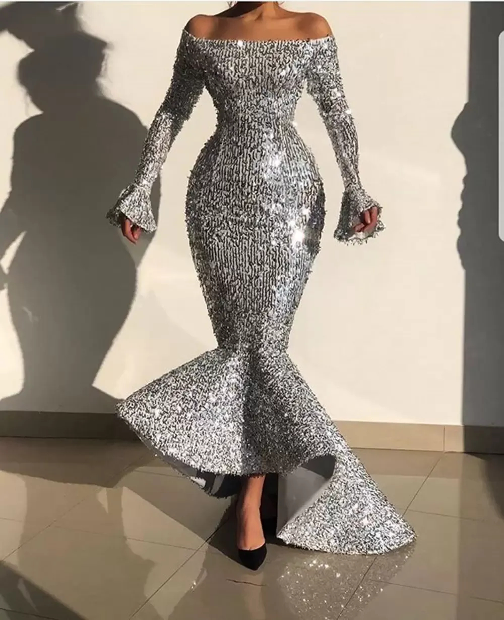 Glitter Sequined Mermaid Prom Dresses Long Sleeves Bateau Neck Elegant Formal Party Gowns Siver Special Occasion Dress For Women Brithday Party Robe D