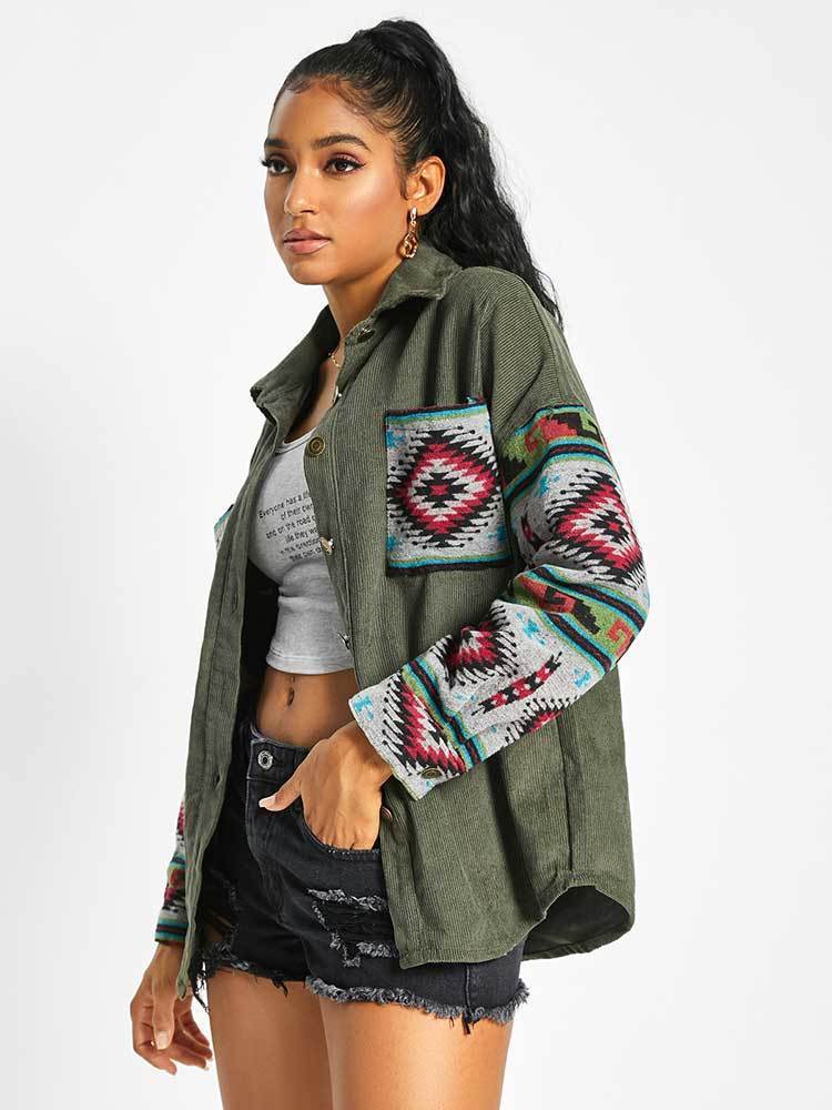 Women's Jackets Jacket for Women Corduroy Long Sleeves Shacket Ethnic Aztec Print Shirt Fall Winter Streetwear Outerwear 230919