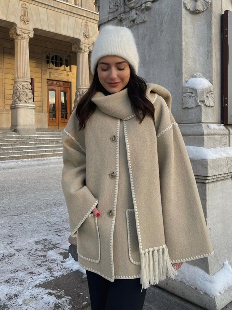 Women's Jackets Woolen Jacket Women Autumn Patchwork Tassel Scarf Single Breasted Pocket Coats Casual Fashion Long Sleeve Loose Top Streetwear 23