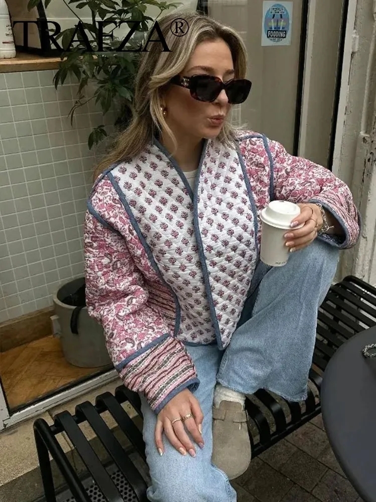Women's Jackets TRAFZA Women Fashion Flower Quilted Jacket Loose Casual Button Long Sleeve Cotton Coat Autumn Female Elegant Floral Outerwear 230