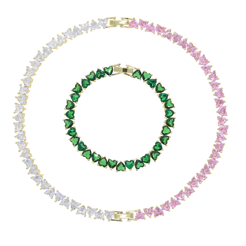 Gold Plated Tennis Chain Heart Bangle Bracelet for Women - Cubic Zirconia, Pink Green White, Party Gift, South American Style