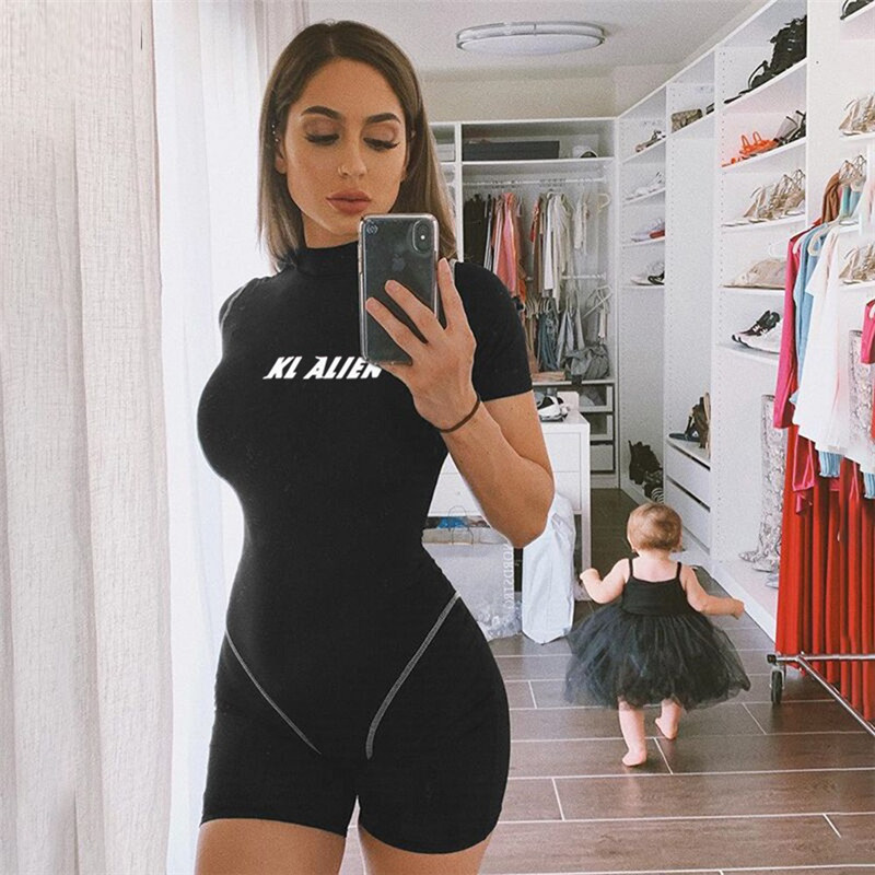 Women's Jumpsuits Rompers Sexy Skinny Fitness Sports Playsuits Women Reflective Letter Print Spring Summer Rompers Female Turtleneck Casual Bodys