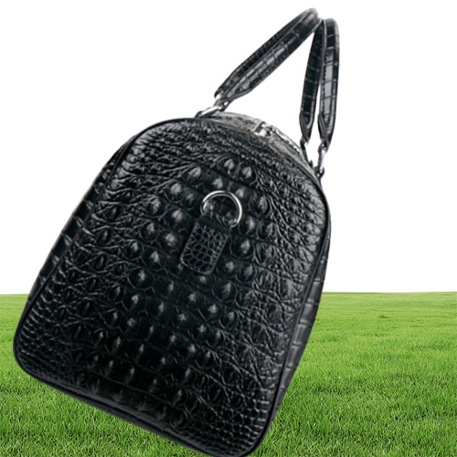 Male Genuine Leather Travel Bag Large Crocodile pattern Big Fitness Handbag Luggage Drums Shoulder Business computer Bags Black Me