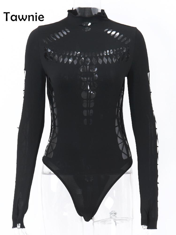 Women's Jumpsuits Rompers Tawnie Solid Hollow Out Turtleneck Bodysuit Women Fall Sexy Bodycon Long Sleeve Body Top Streetwear Skinny Rompers Outf