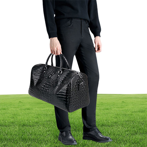 Male Genuine Leather Travel Bag Large Crocodile pattern Big Fitness Handbag Luggage Drums Shoulder Business computer Bags Black Me