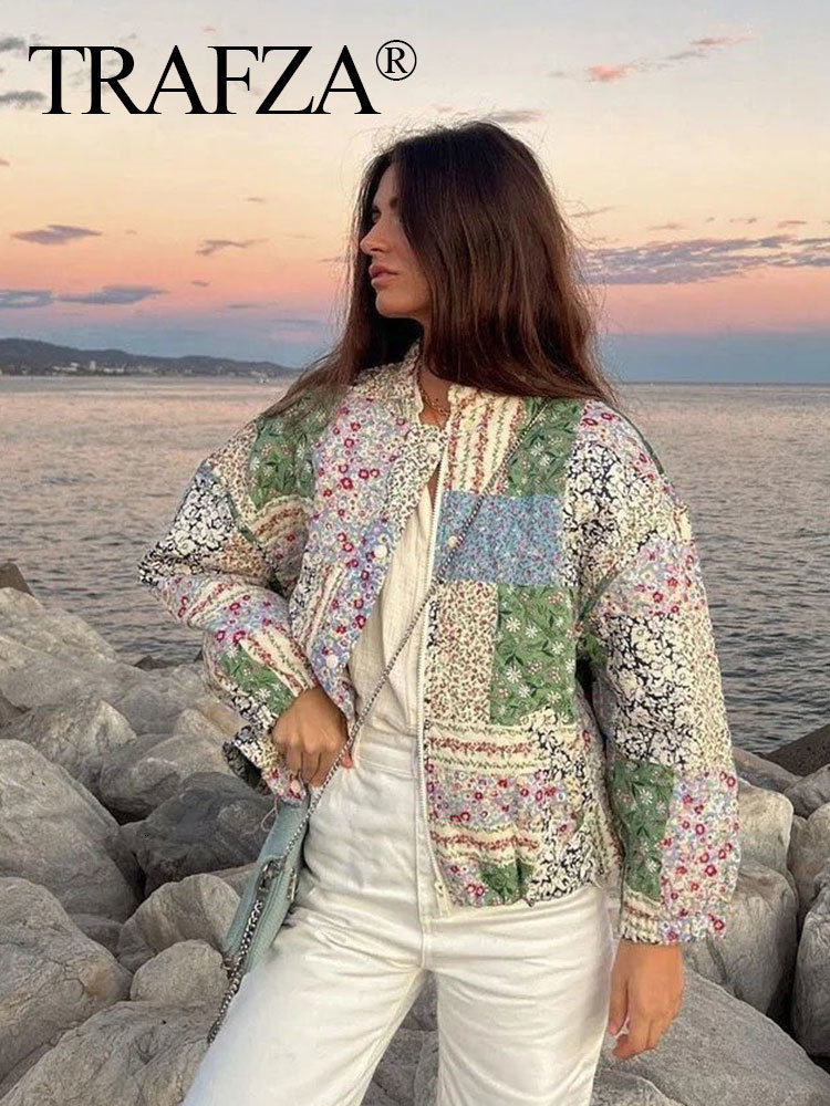 Women's Jackets TRAFZA Women Fashion Flower Quilted Jacket Loose Casual Button Long Sleeve Cotton Coat Autumn Female Elegant Floral Outerwear 230
