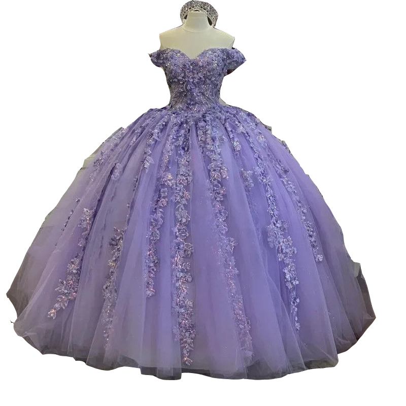 Ball Gown Quinceanera Dresses Lilac Off Shoulder Lace Appliques Beads With Hand Made Flowers 3D Floral Plus Size Prom Evening Gowns Corset Back S