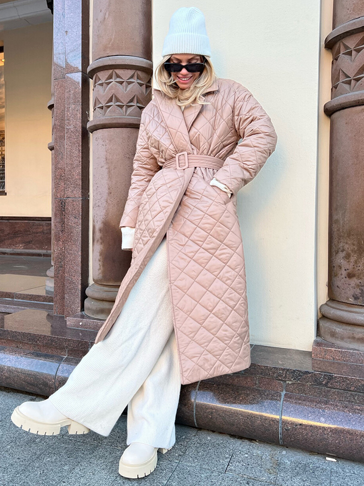 Women's Down Parkas Cryptographic Fall Winter Long Sleeve Parkas Quilted Coats and Jackets for Women Warm Belt Trench Coat Warm Down Jackets Clot