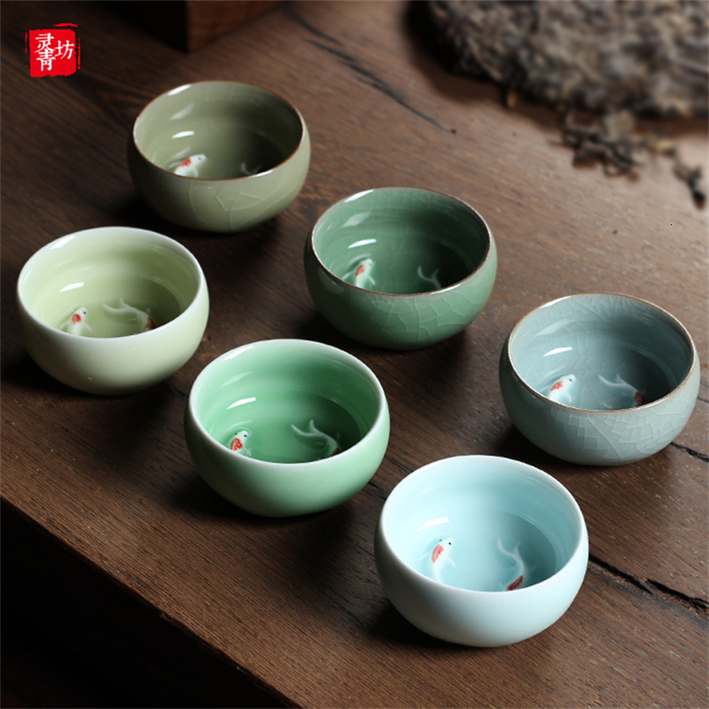 Tea Cups Longquan Celadon Porcelain Teacups Chinese Teapot Golden Fish Tea Cup Bowl 60ml Crackle Tea Set Cups Drop 230919