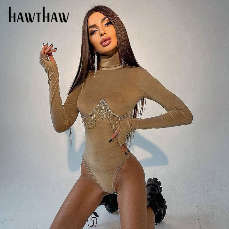 Women's Jumpsuits Rompers Hawthaw Diamond Tassels Body Women Autumn Winter Long Sleeve Turtleneck Bodycon T Shirt Fashion Tops Bodysuit Fall Clot