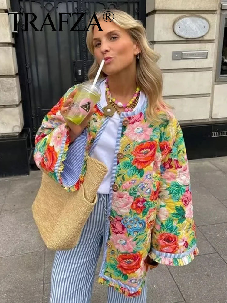 Women's Jackets TRAFZA Women Fashion Flower Quilted Jacket Loose Casual Button Long Sleeve Cotton Coat Autumn Female Elegant Floral Outerwear 230
