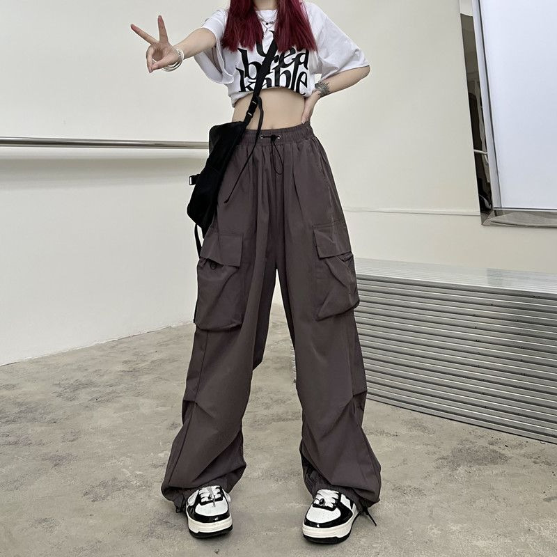 Women's Pants Capris Y2K Trousers Women Cargo Pants Straight Wide Leg Drawstring Oversize Pockets Kpop High Waisted Breathable Solid Color Sweatp
